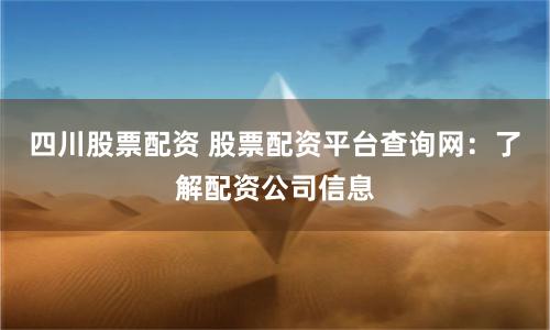 四川股票配资 股票配资平台查询网：了解配资公司信息